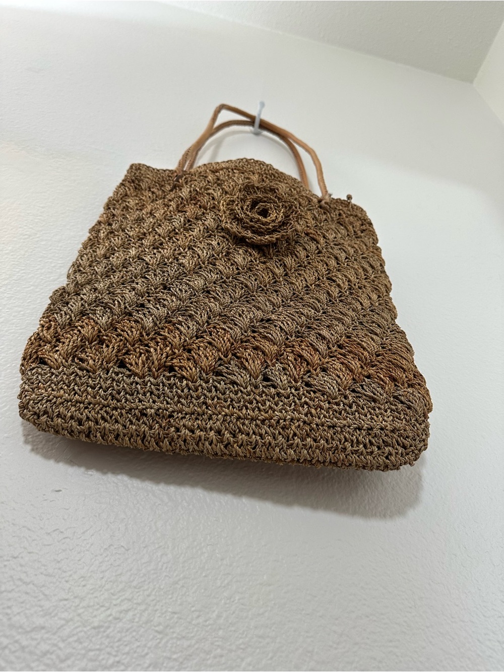 Brown Beige Woven Straw Handmade Tote Bag with Flower Accent & Leather Strap - Picture 6 of 14